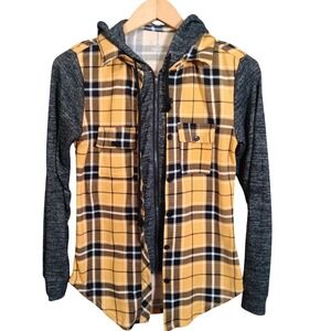 No Boundaries Yellow Plaid Flannel Hoodie Shirt Juniors Size M